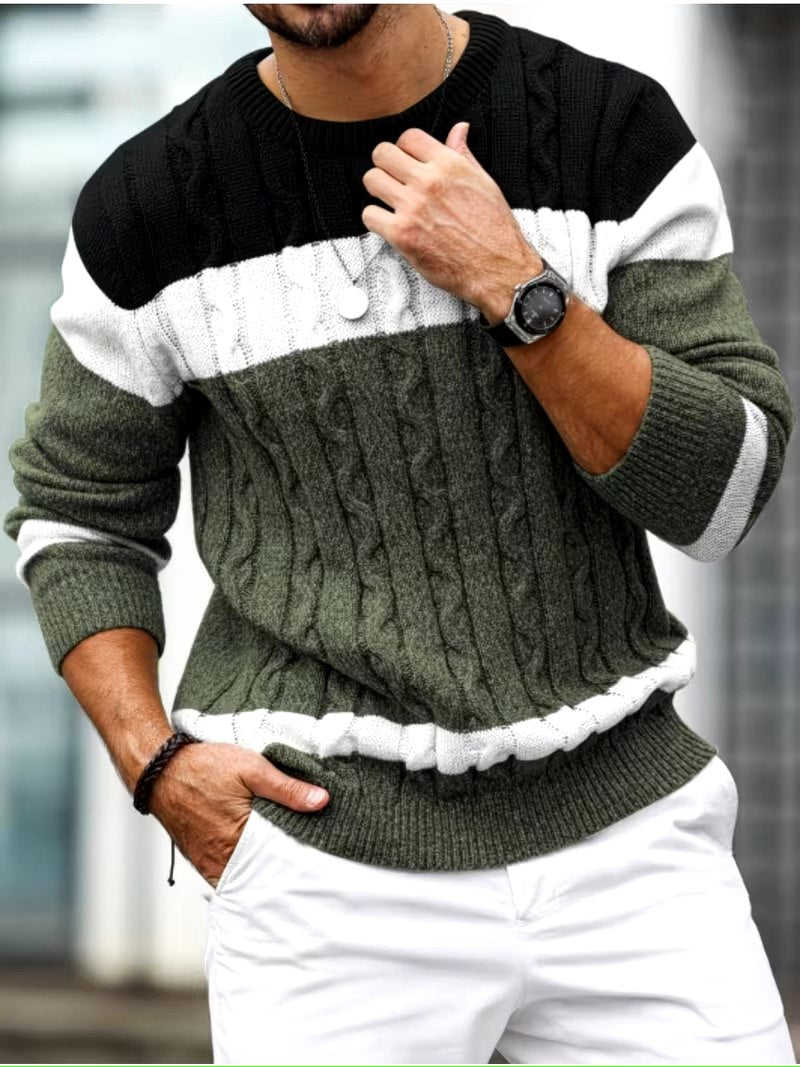 Color‑Block Cable Knit Sweater – Black, White & Olive Casual Style - ayq