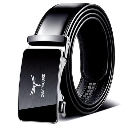 Black Leather Belt – Gold Logo Geometric Buckle - ayq