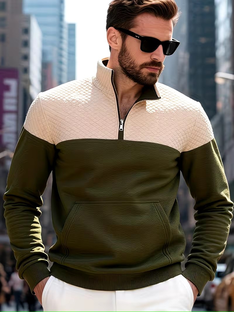 Two‑Tone Quilted Half‑Zip Pullover – Modern Street Style - ayq