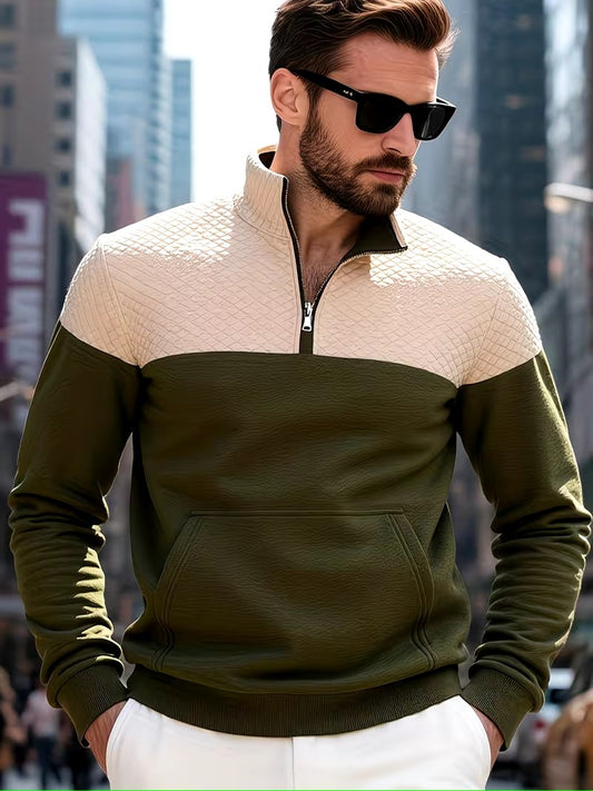 Two‑Tone Quilted Half‑Zip Pullover – Modern Street Style - ayq
