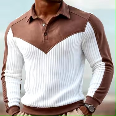 Two‑Tone Leather &amp; Ribbed Long‑Sleeve Shirt – Modern Casual Style - ayq