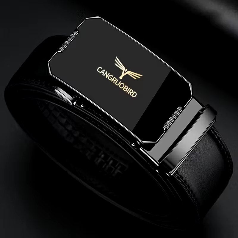 Black Leather Belt – Gold Logo Geometric Buckle - ayq