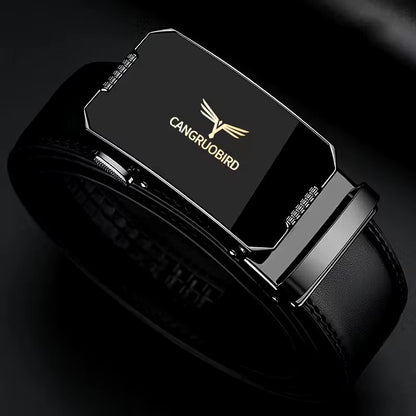 Black Leather Belt – Gold Logo Geometric Buckle - ayq