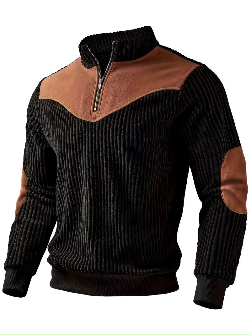 Black Ribbed Half‑Zip Pullover – Leather Accent Casual Sweater - ayq