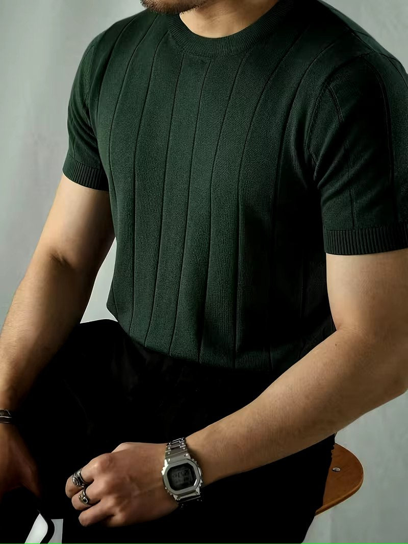 Men’s Black Textured Knit T-Shirt – Premium Casual Crew Neck Summer Shirt - ayq