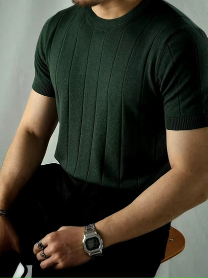 Men’s Black Textured Knit T-Shirt – Premium Casual Crew Neck Summer Shirt - ayq