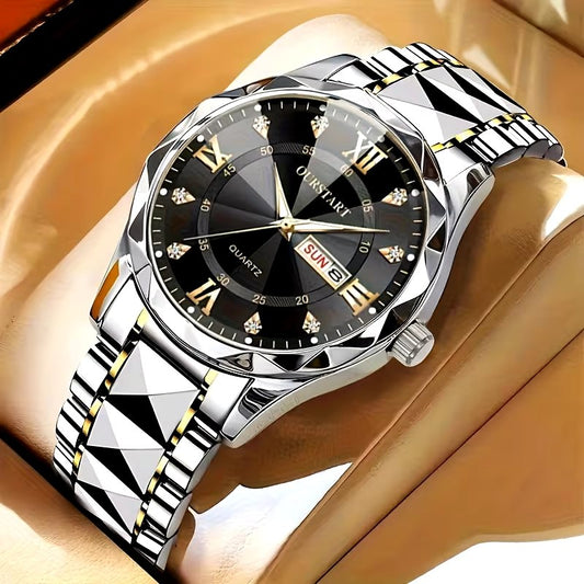 Ourstart Luxury Wristwatch – Black Dial Silver &amp; Gold Band - ayq